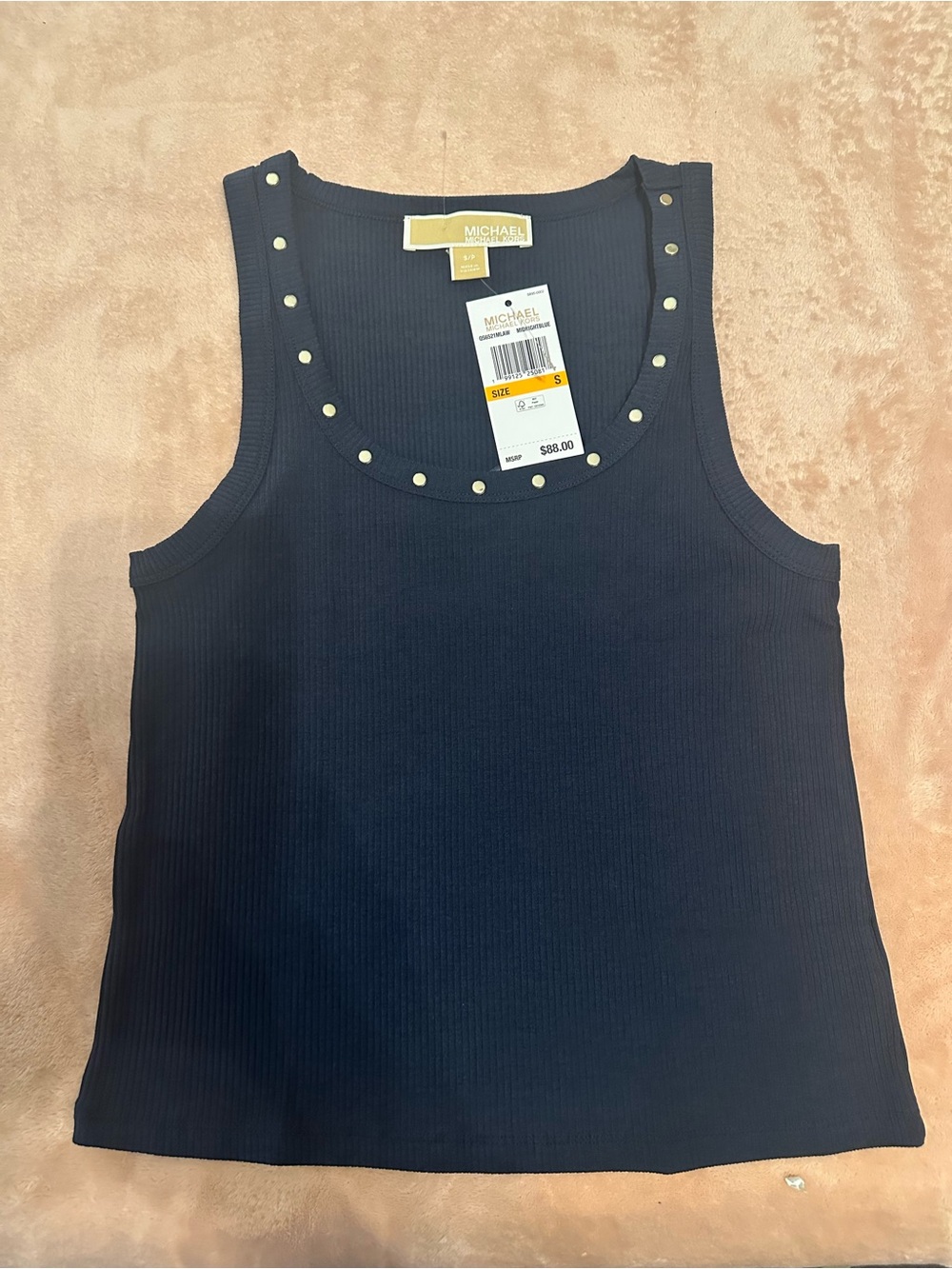Michael Kors Navy Ribbed Tank with Gold Stud Trim
